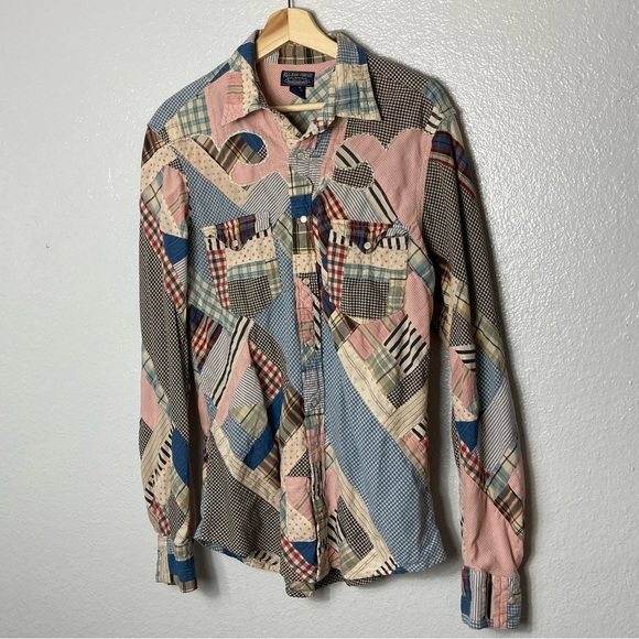 Rare vintage unisex Ralph Lauren Polo Patchwork Long sleeve snap button shirt - Picture 2 of 8